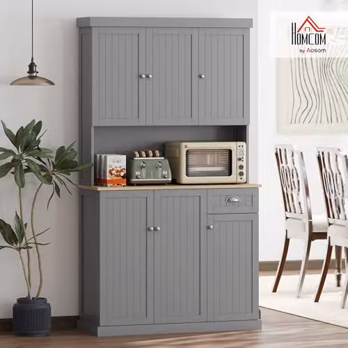 HOMCOM Grey Tall Kitchen Cupboard with 6 Hinged Doors and Drawers, H 180 x W 101 x D 42.8 cm – 2