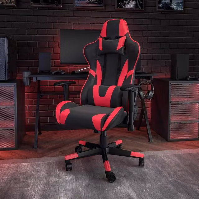 FWStyle Black and Red Faux Leather Racer Gaming Chair with Headrest and Armrests – 1