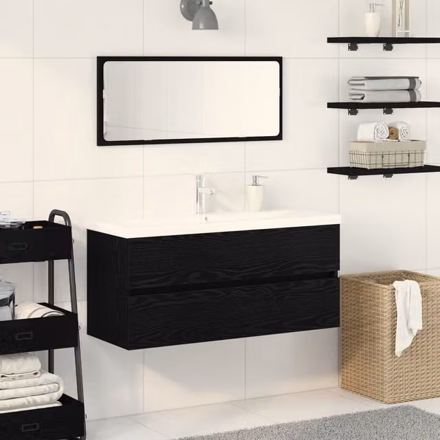 Berkfield Home Sink Cabinet with Built-in Basin in Black Oak Matt Engineered Wood W/D/H: 100 x 45 x 45 cm