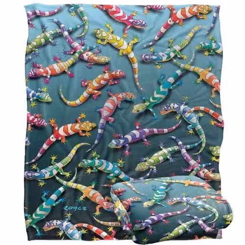 JQ Licensing Royce Mcclure Rainbow Geckos Pattern Super Soft Fleece Throw Blanket, Multicolour and White, W/D/H: 152 x 127 cm
