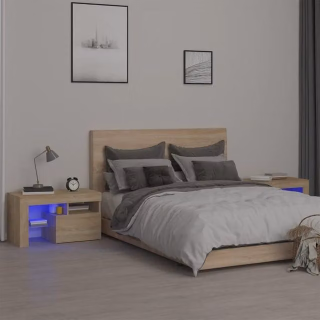 Berkfield Home Set of 2 Bedside Cabinets with Integrated LED Lights in Sonoma Oak Brown, W/D/H: 70 x 36.5 x 40 cm