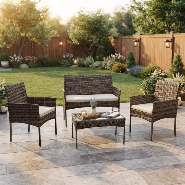 Alivio 4 Piece Modern Rattan Patio Sofa Set with Coffee Table in Grey and Brown