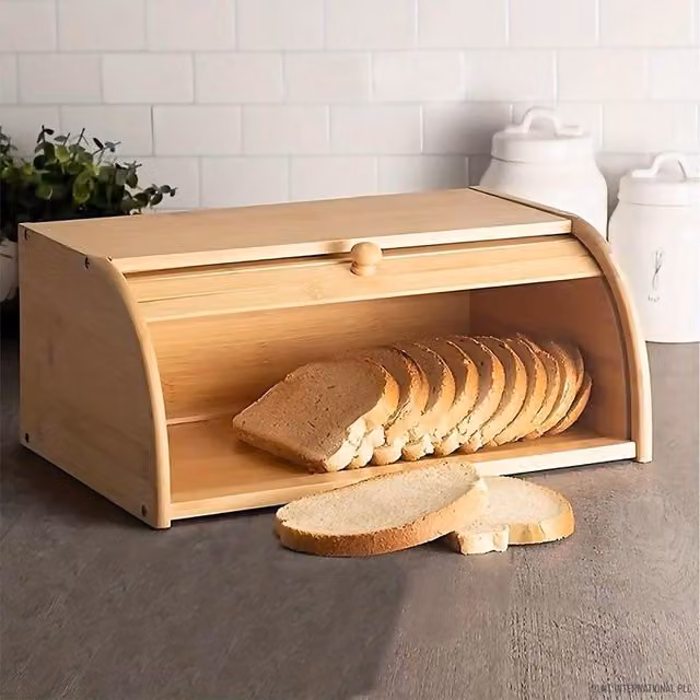 MantraRaj Wooden Roll Top Bread Box Storage Bin in Brown, W: 40.0 cm, D: 27.0 cm, H: 16.5 cm