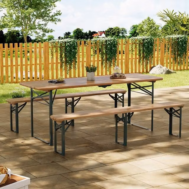 Livingandhome Retro Outdoor Wooden Foldable Table and Bench Set in Brown and Green