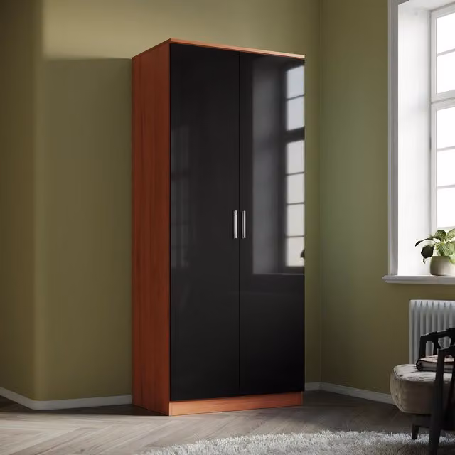 Comfy Living Modern 2-Door Wardrobe with High Gloss Finish in Walnut and Black