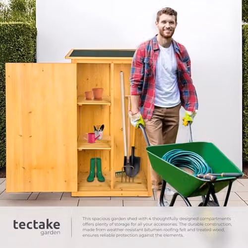 tectake Garden Storage Shed in Brown with Flat Roof, Impregnated Wood, Shelving and Lockable Single Door, W/D/H: 56.0 x 75.0 x 118.0 cm – 5