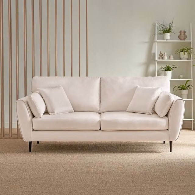 Furniturebox Ida 3 Seater Velvet Living Room Sofa in Beige with Scatter Cushions and Solid Wood Frame