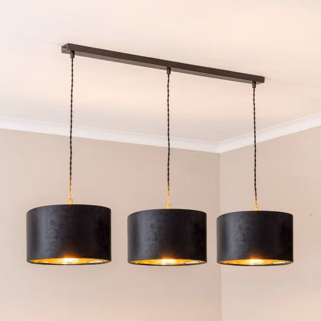 ValueLights Reni Velvet Shade 3 Drop Bar Pendant Ceiling Light in Black and Gold/Brass with LED Bulbs