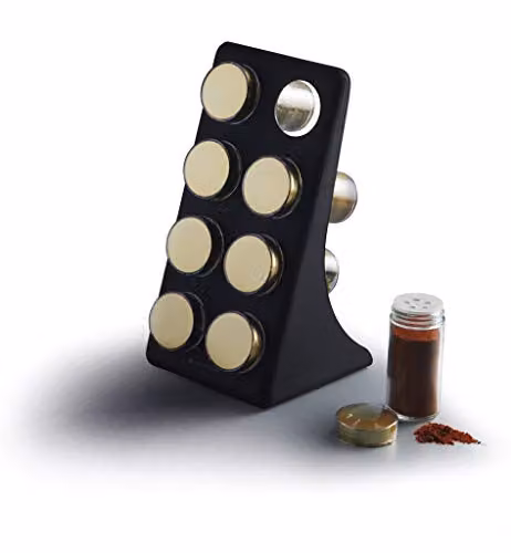 MasterClass 9 Piece Herb and Spice Rack Set with 8 Glass Lidded Jars in Black and Gold – 5