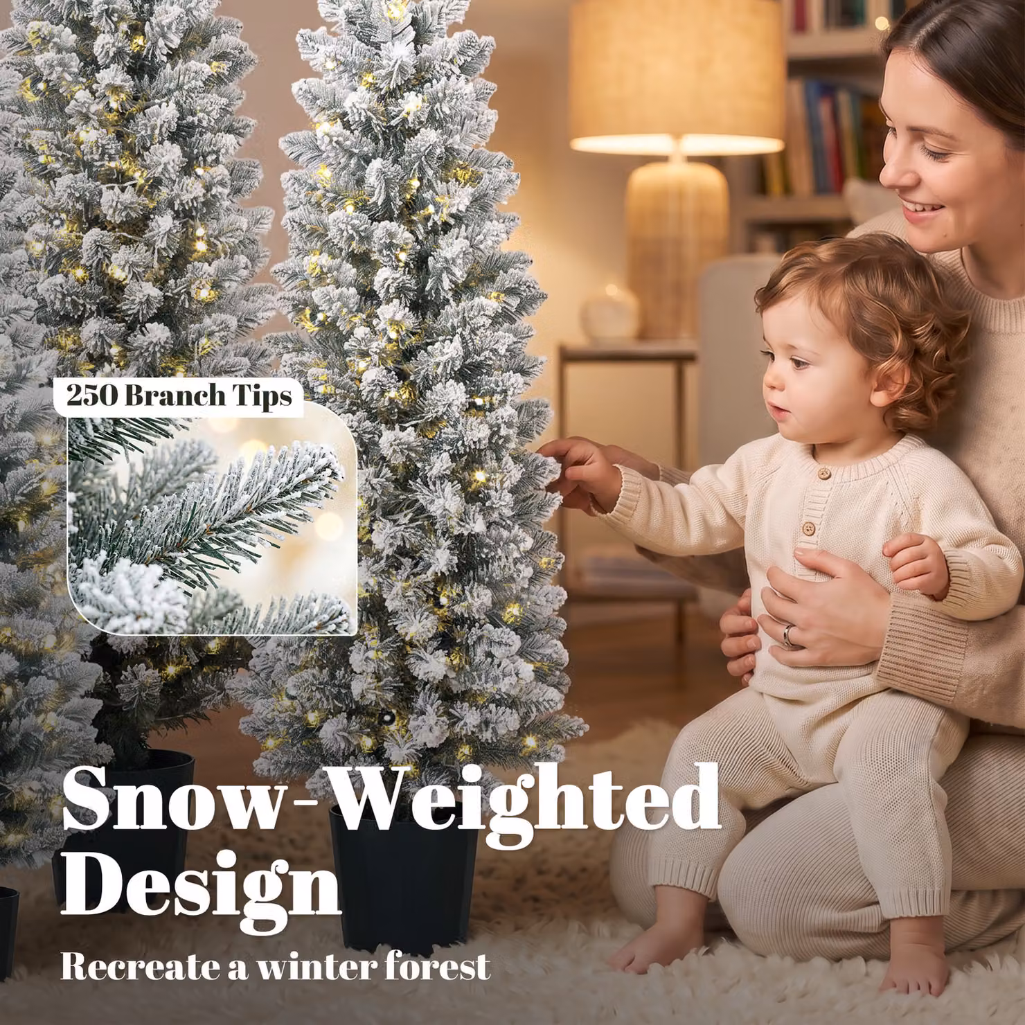 HOMCOM Set of 3 Slim Snowy Flocked Artificial Christmas Trees with Warm White LED Lights, White, H 152 cm, H 122 cm, H 91 cm – 5