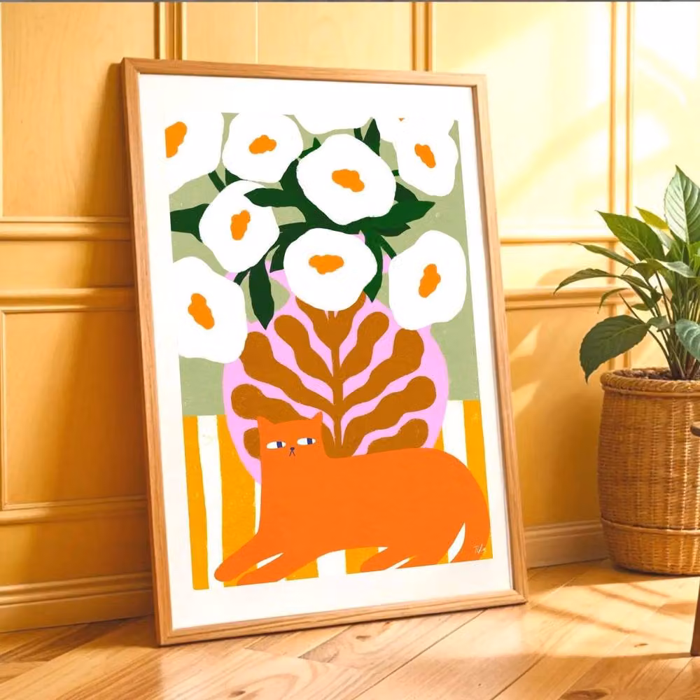 The Paper Tail Ginger Cat and Floral Illustration Art Print, Multicolour, A3 – 3