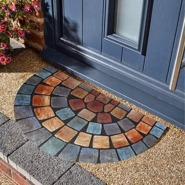 Nicoman Half Moon Semicircular Rubber Doormat with Blue Graphic Tile Effect