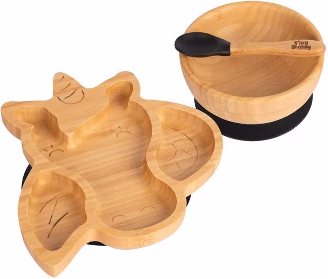 Tiny Dining Childrens Bamboo and Silicone Unicorn Divided Dinner Set in Black and Multicolour