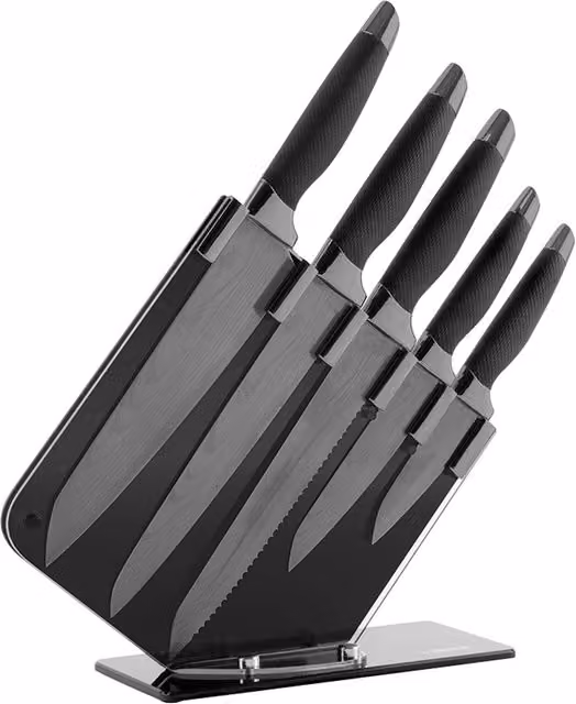 Tower 5 Piece Damascus Knife Set with Block in Black