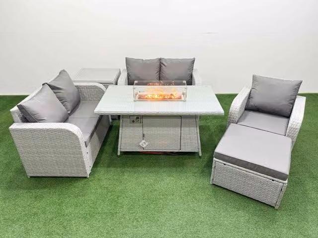 Fimous Grey Poly Rattan Garden Furniture Set with Reclining Chair, Loveseat Sofa, Firepit Dining Table and Side Table