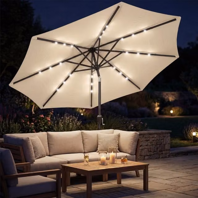 Outsunny 2.6 m Garden Parasol Umbrella with Solar Light in Beige