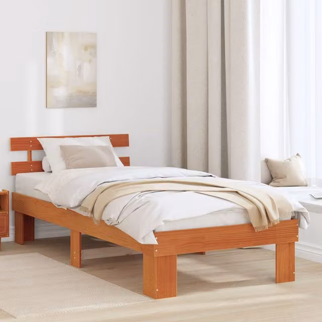 Berkfield Home Solid Wood Pine Bed Frame with Headboard in Wax Brown W/D/H: 80 x 200 x 73 cm – 1
