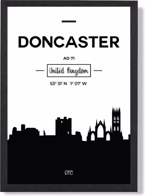 ARTZE Doncaster Black and White City Skyline Framed Print, A4
