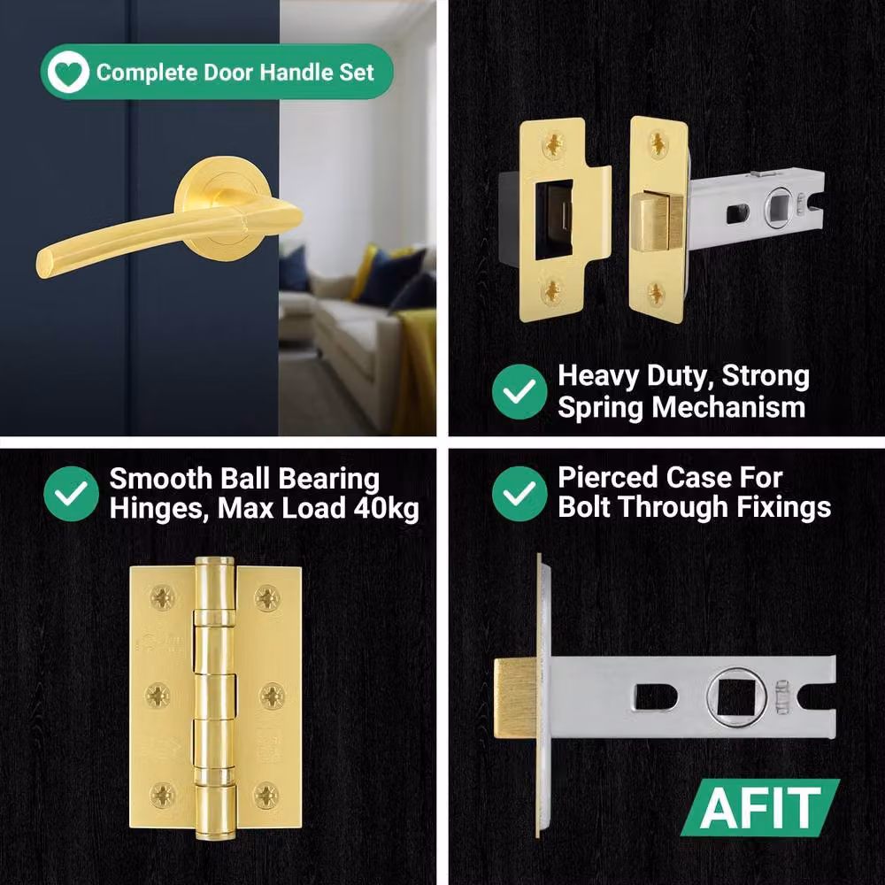 AFIT Gold Door Handles Rose Latch Kit with 4 Pairs of Lever Latches and Hinges – 5