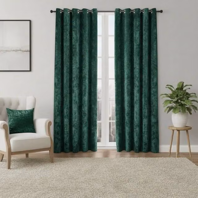 Snug City Emerald Green Crushed Velvet Eyelet Curtains, Thermal Insulating and Opaque, Width: 168 cm, Drop: 229 cm – 1