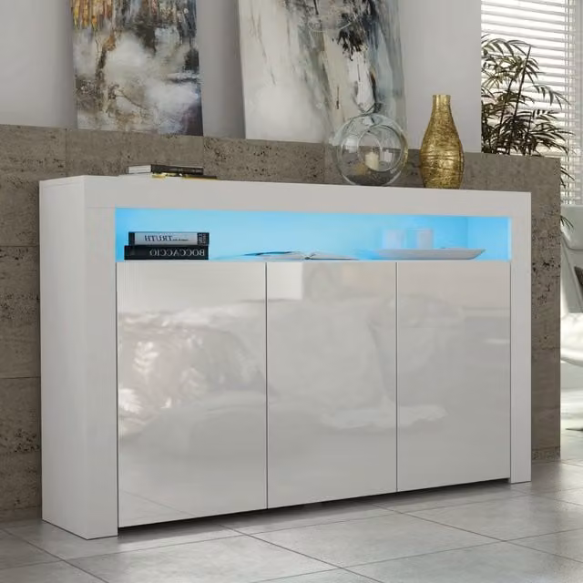 Mex Furniture LTD Modern White Gloss Sideboard with Integrated LED Lighting, Width: 155 cm