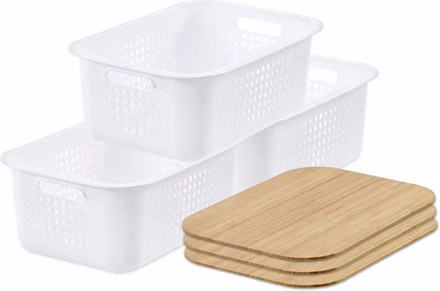 SmartStore d Stackable White Plastic Baskets with Bamboo Lids, Set of 3