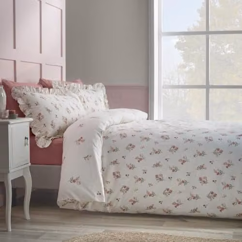 Catherine Lansfield Reversible Pink Ditsy Floral Flannelette Cotton Duvet Cover and Pillowcase Set, W/D/H: 200 x 200 cm