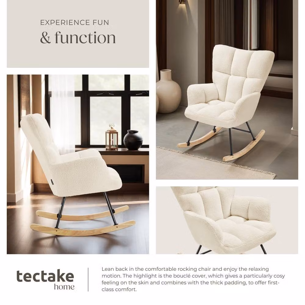 tectake Torve Rocking Chair with Beige Bouclé Fabric and Wooden Runners – 4