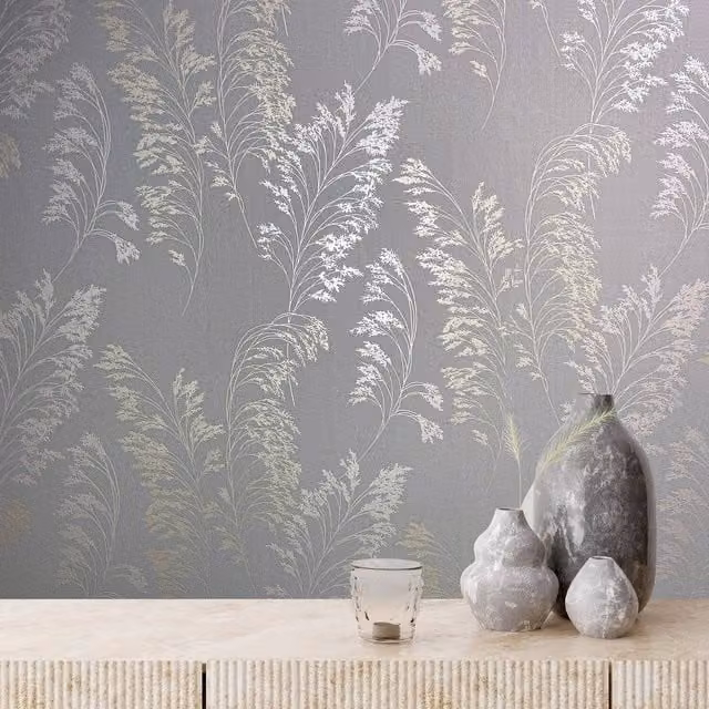 Galerie Olio Elegant Botanical Floral Wallpaper in Grey, Silver, Petrol and Gold