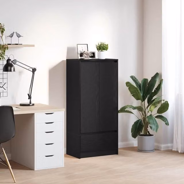 Berkfield Modern Wall Mounted Home Cabinet in Black Oak with Drawer and LED Lighting, W/D/H: 55.5 x 34 x 119.5 cm – 1