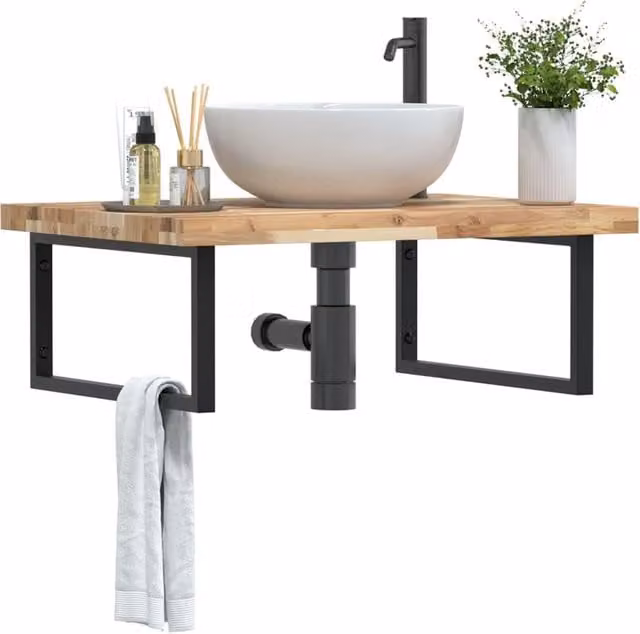 Berkfield Home Wall Mounted Basin Shelf in Brown Acacia Wood and Steel – 1