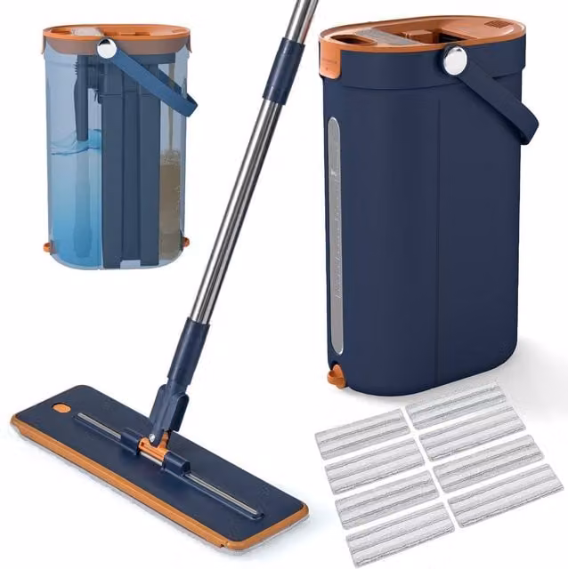 Costway Flat Mop and Bucket Set with 3-Tank Floor Cleaning System, Blue, includes 8 Microfibre Pads – 1