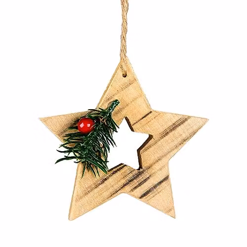 Shatchi Rustic Brown Wooden Star Christmas Tree Hanging Pendant, W/D/H: 12.5 x 12.5 x 1.5 cm – 1