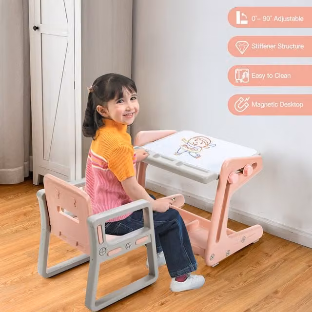COSTWAY Kids Art Table and Chairs Set with Tilting Top, Grey