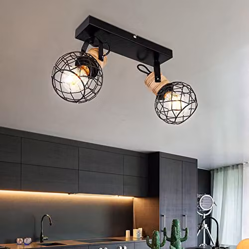 Globo Lighting Industrial Adjustable Ceiling Spotlight with Wood and Metal Mesh Shades in Matt Black and Brown – 2