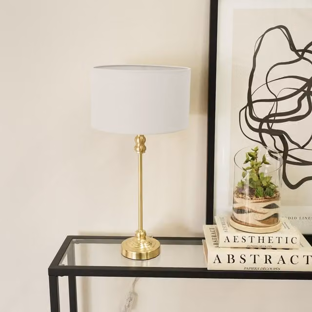 ValueLights Maggie Gold Table Lamp with Grey Fabric Cylinder Drum Shade