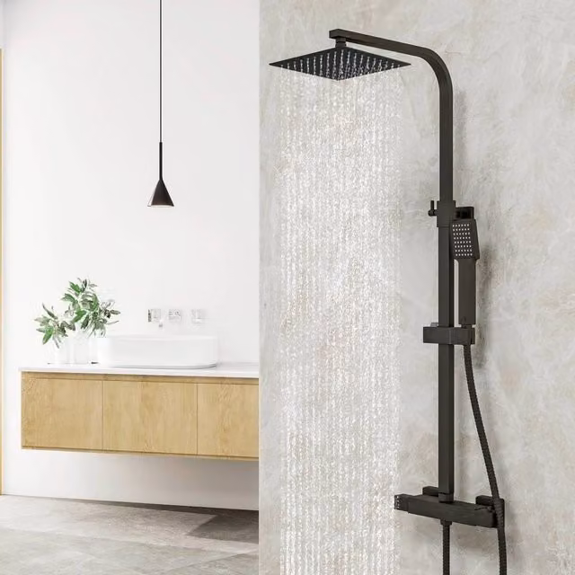Hinsinc Matte Black Square Thermostatic Dual Shower Set with Overhead and Hand Shower, W: 180 cm, H: 180 cm