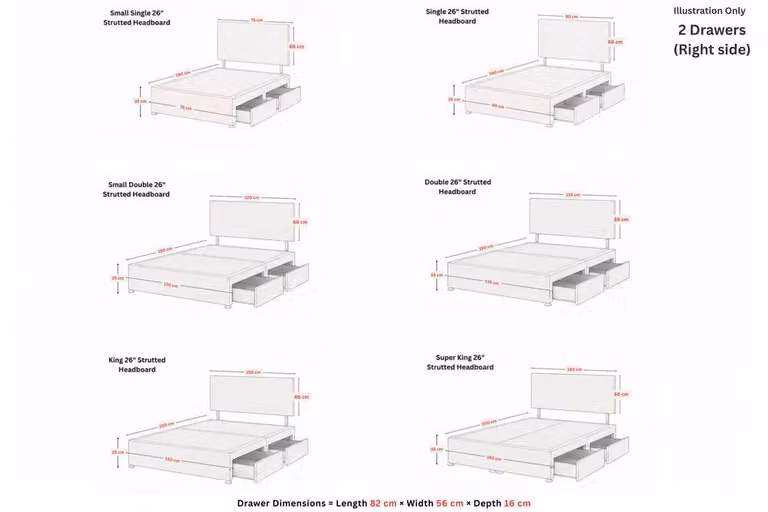 Sloomy Sterling Plush Divan Bed Set in Sand with 2 Right-Side Drawers, 26 inch Strutted Headboard and 12 inch Matching Footboard, Super King, W: 200 cm, D: 200 cm
