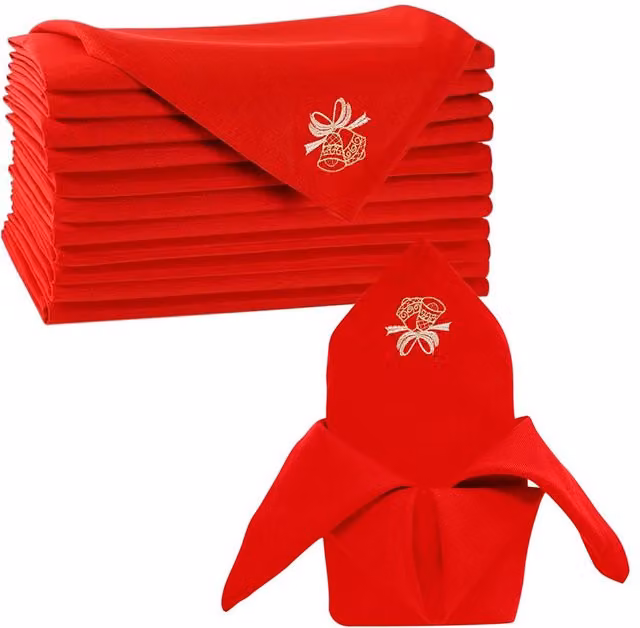 Neel Blue Christmas Table Napkins with Jingle Bell Embroidery, 10 Pieces, Red, 50.8 x 50.8 cm