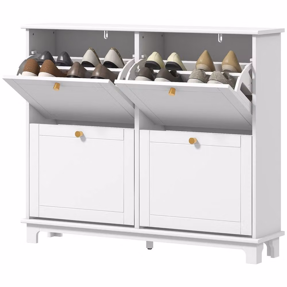 STILVORA Modern White Lacquered Shoe Cabinet with 4 Tilting Compartments and Gold Handles, W/D/H: 87.0 x 23.5 x 119.5 cm – 2