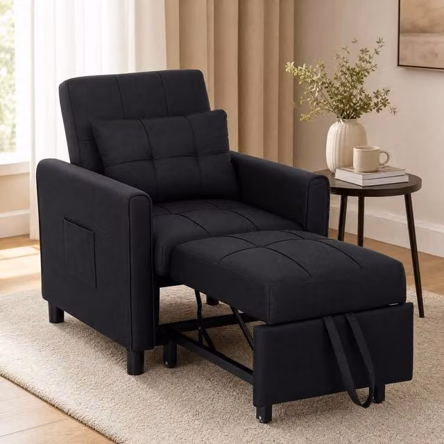 STILVORA Black Fabric Pull-Out Armchair Bed with Armrests