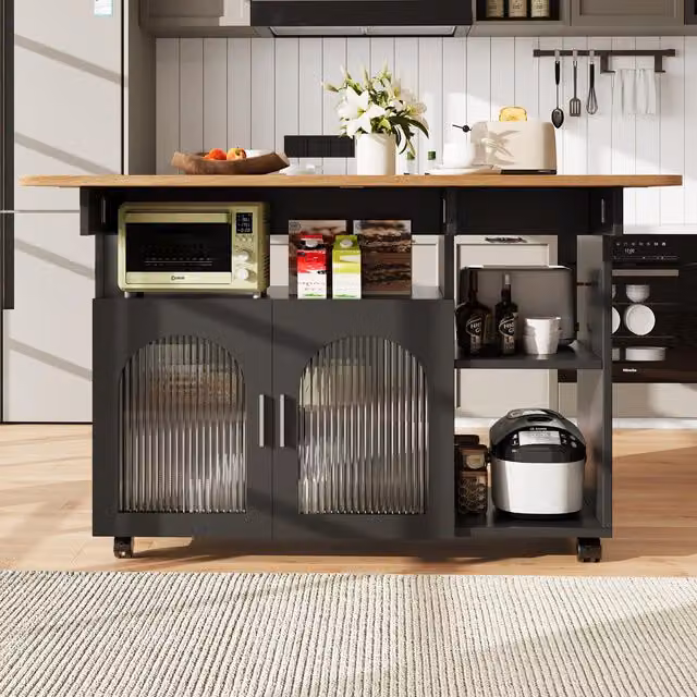 Aosom UK Multifunctional Mobile Kitchen Island with Folding Dining Tops and Storage, Black, W/D/H: 120 x 30-70 x 79.5 cm
