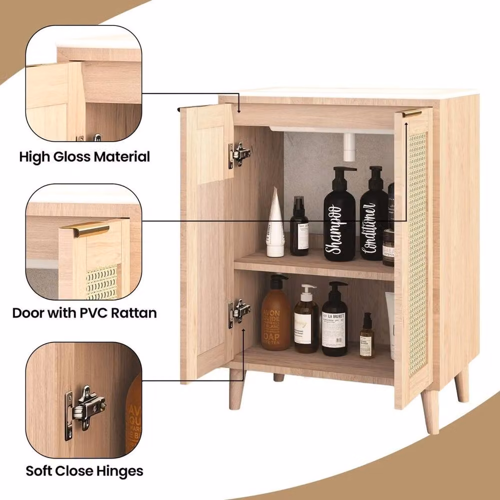 FORGEVIO Natural Floor-Standing Bathroom Vanity Unit with Basin and Soft-Close Hinged Doors – 3
