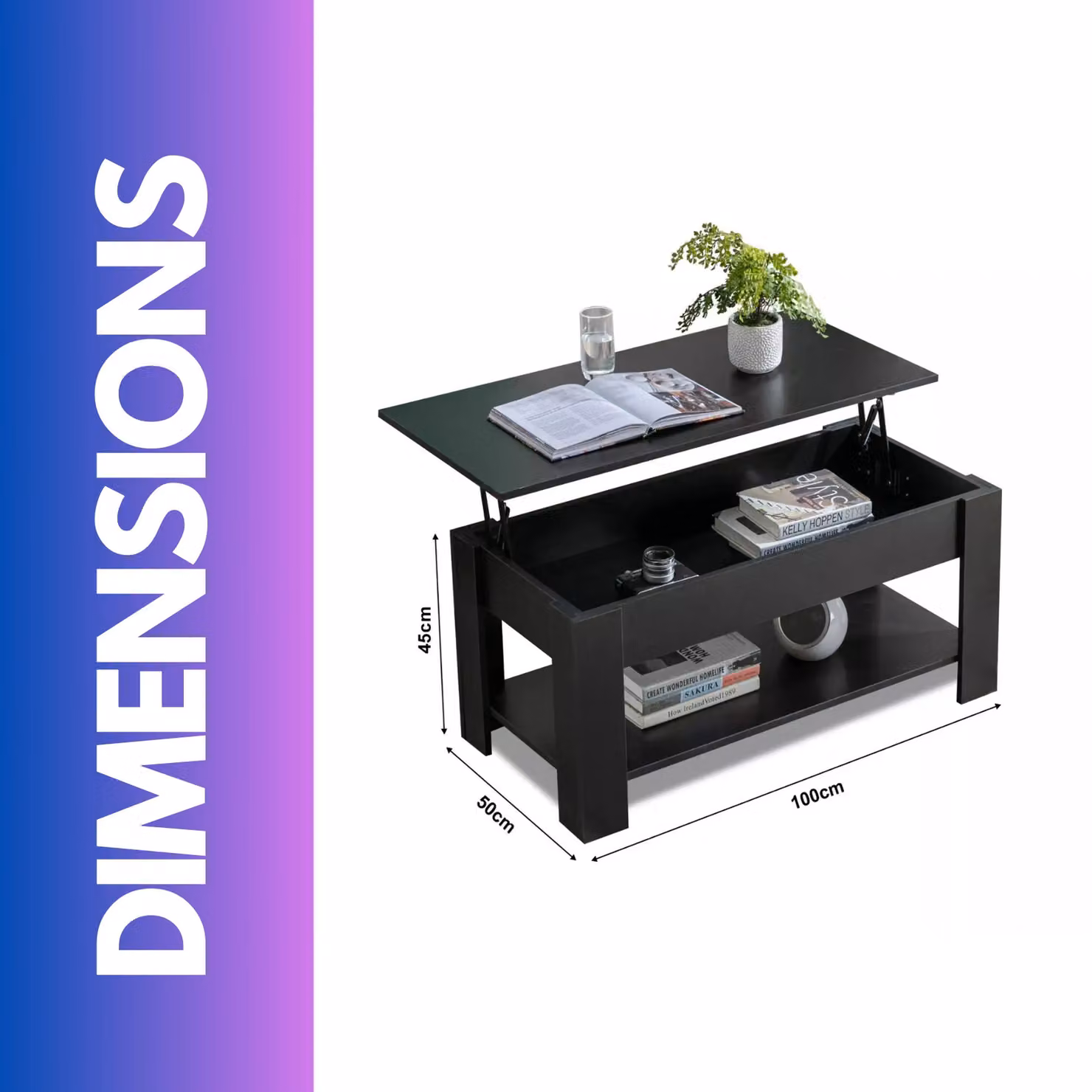 Rafaelo Mobilia Industrial Lift Top Coffee Table with Hidden Storage in Black – 5