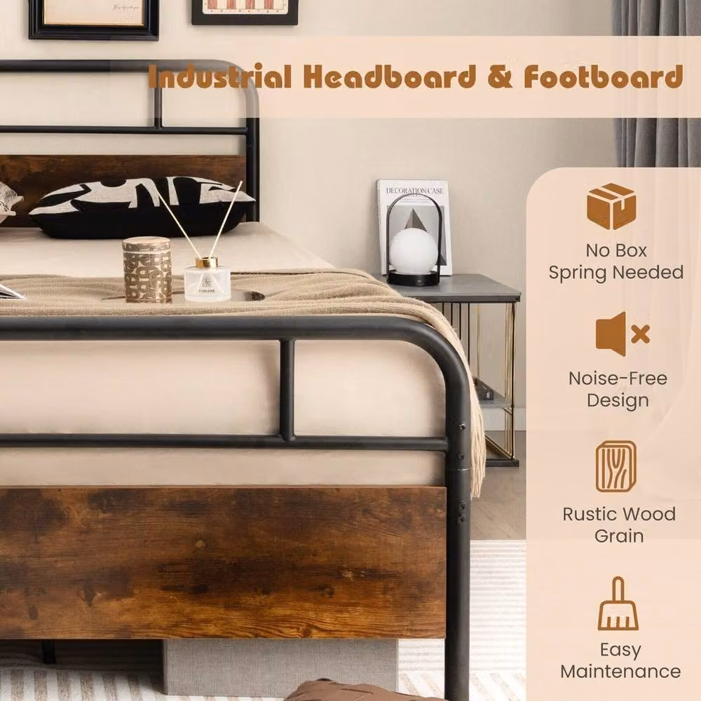VOGREX King Metal Platform Bed with Industrial Headboard in Brown, W/D/H: 180 x 200 cm – 4