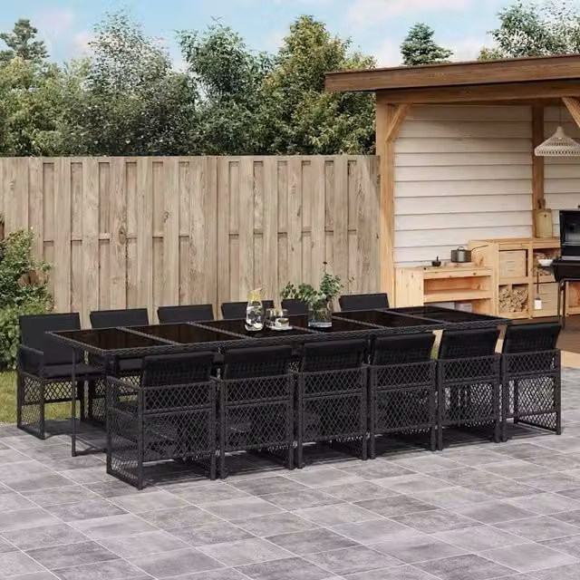 Berkfield Home 13 Piece Black Poly Rattan Garden Dining Set with Cushions – 1