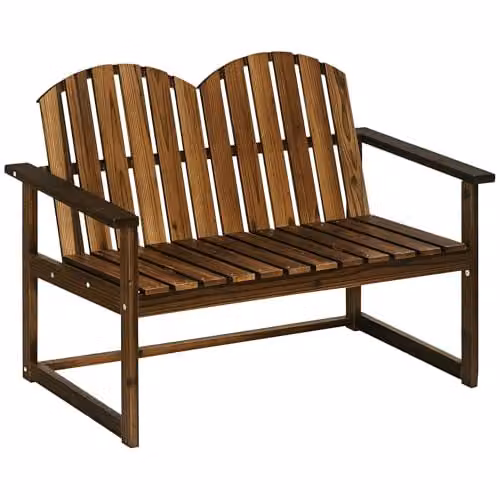 Outsunny Two Seater Wooden Garden Bench with Backrest in Brown Carbonised Finish – 1
