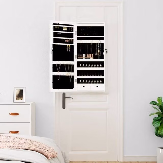 Berkfield Home Mirror Jewellery Cabinet with LED Lights, Wall Mounted, White, W/D/H: 37.5 x 10.0 x 90.0 cm – 1