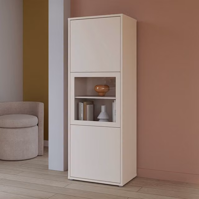 Furniture To Go Alice Springs Narrow Display Cabinet with 3 Glass Push-Open Doors in Sand
