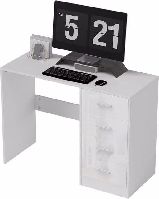 HOMCOM Modern Glossy White Computer Writing Desk with Drawer Unit – 1